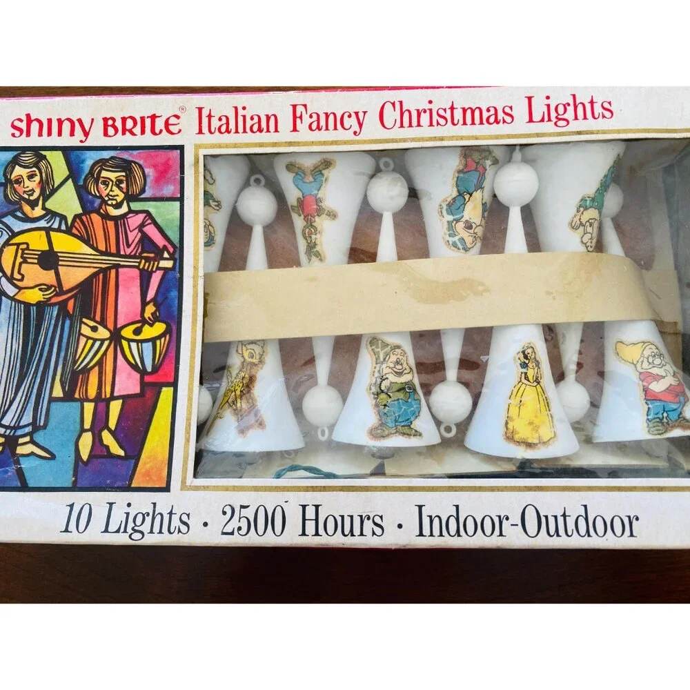 Vintage Shiny Brite Italian Fancy Christmas Lights Snow White Themed 7 Dwarfs Wo